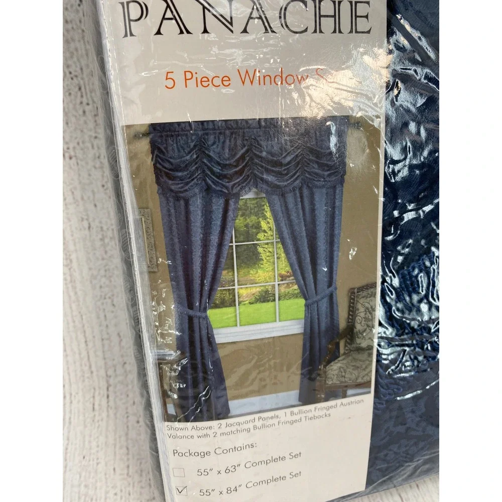 Panache 5 Piece Window Set Navy Blue 55x84 New Jacquard Austrian Valance Fringe